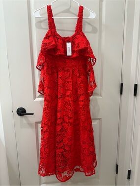Coast Bardot Frill Lace Midi Dress Red Wedding Guest Race Day Occasion Sz 6